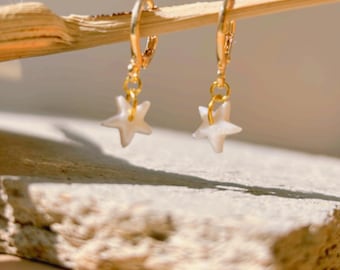 Handmade Small Mother Of Pearl Star Sleeper Earrings. Polymer Clay
