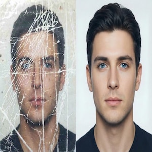 May include: Side-by-side comparison of a portrait before and after restoration. The left side shows a damaged photo with scratches and discoloration. The right side displays the restored image of a man with blue eyes and dark hair.