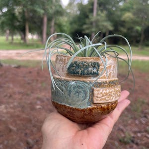 May include: A small, round, handmade ceramic planter with a textured, multi-colored glaze in shades of brown, tan, and teal. The pot features raised, rectangular decorative panels with embossed patterns and contains a spiky, light green air plant.
