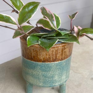 Aqua-koper geglazuurde langbenige plantenbak, amberbruine succulente plantenbak met textuur