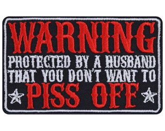 Warning patch: protected by Husband iron-on lady biker patch 90 x 55 mm