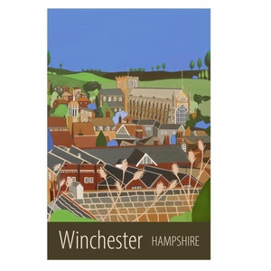 Cópia do cartaz de viagem dos telhados de Winchester Hampshire por Susie West | impressão de arte em parede assinada, Inglaterra, Grã-Bretanha, Reino Unido