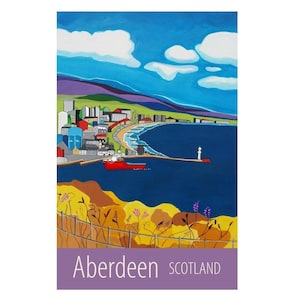 Poster de voyage d&#39;Aberdeen en Écosse par Susie West | impression d&#39;art mural signée, Écosse, Grande-Bretagne, Royaume-Uni