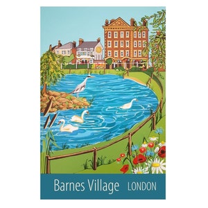 Póster de viaje de Barnes Village impreso por Susie West / impresión de arte mural firmada, Londres, Inglaterra, Gran Bretaña, Reino Unido