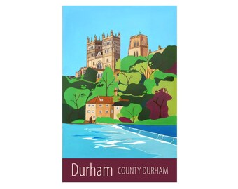 May include: A colourful illustration of Durham Cathedral in County Durham, England. The cathedral is a large, imposing building with a tall spire. It is set against a backdrop of green trees and a blue river. The text "Durham County Durham" is at the bottom of the image.