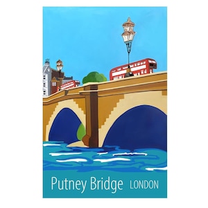 Póster de viaje de Putney Bridge impreso por Susie West / impresión de arte mural firmada, Inglaterra, Gran Bretaña, Reino Unido
