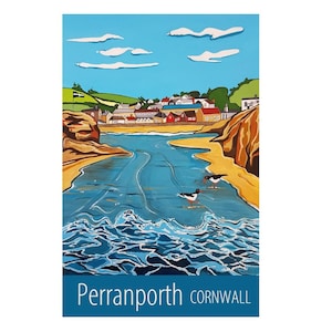 Perranporth Cornwall travel poster print by Susie West / signed wall art print, Cornwall, England, Britain, UK