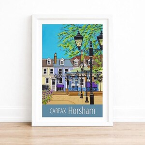 Horsham Carfax travel poster print by Susie West A3 print white frame