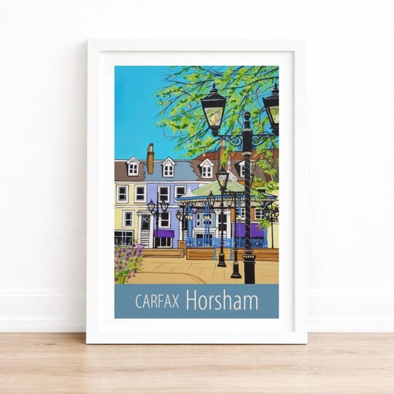 Horsham Carfax travel poster print by Susie West A3 print white frame