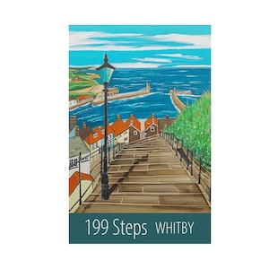 Whitby 199 Steps travel poster print by Susie West | signed wall art print, North Yorkshire, England, Britain, UK