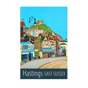 Impressão de pôster de viagem de Hastings East Sussex por Susie West | impressão de arte de parede assinada, Inglaterra, Grã-Bretanha, Reino Unido