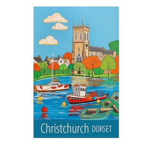 Póster de viaje a Christchurch Dorset impreso por Susie West / impresión de arte mural firmada, Inglaterra, Gran Bretaña, Reino Unido