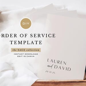 May include: A printable order of service template for a wedding ceremony. The template is designed in a minimalist style with the text "LAUREN and DAVID" and the date "29 11 25" in black script font on a white background.