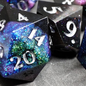 Fallen Galaxy: handmade resin 7 piece dice set galaxy holographic silver pink blue purple green for dnd pathfinder ttrpg