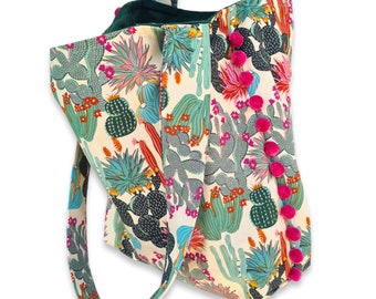 Boho 'Desert Delights Cactus' Buzoku Cotton Tote Bag w pom poms, pocket, key loop & magnetic closure