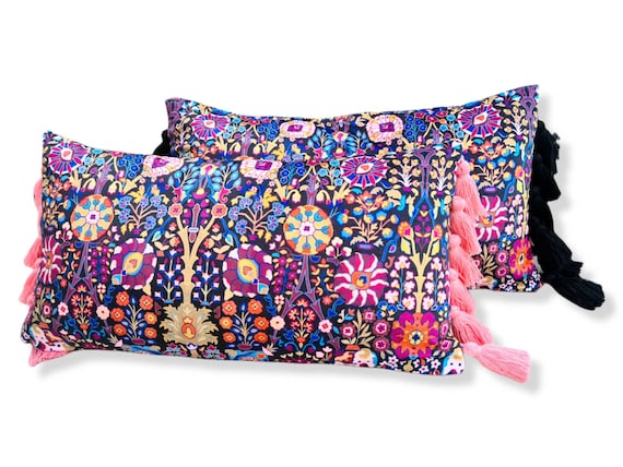 Handmade in Australia. Galena Kilim Velvet Cushion Cover w Tassels + Zip  (30 x 58cm)