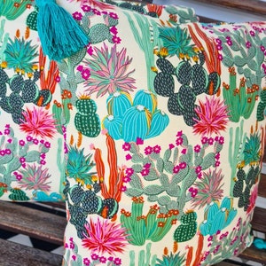 Handmade in Australia. Boho 'Desert Delights Cactus' Cotton Cushion Cover with Tassels (to suit a 50cm x 50cm insert)