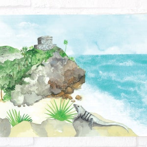 Tulum impression ruines mayas / carte postale de Tulum / impression aquarelle, décoration de Tulum, art de Tulum, Tulum Mexique, plage de Cancun, jungle, palmiers, iguane