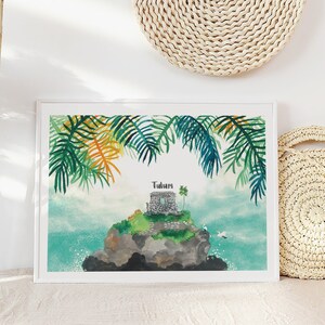 Tulum Art, Tulum Mexico, Tulum print, Tulum wall art, Palms, Beach illustration, Tulum Ruins, Travel Art, Watercolor art print,