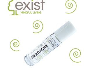 May include: A clear glass roller bottle with a white cap and a white label that says "Exist Mindful Living" and "Aroma Roller Headache 0.34 fl oz (10 ml)". The bottle is surrounded by green swirls.