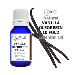 May include: A blue glass bottle with a white cap, labelled "Vanilla Oleoresin 10 Fold" and "Exist Natural". The bottle contains vanilla extract.  Vanilla beans are shown in the background.