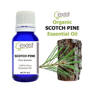 May include: A blue glass bottle with a white cap, labeled "Scotch Pine Essential Oil" with the brand name "Exist" and the botanical name "Pinus Sylvestris". The bottle is 100% pure essential oil. A close-up of a pine tree branch with bark is shown in the background.
