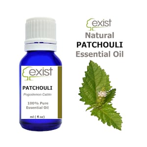 May include: A blue glass bottle with a white cap, labeled "Exist Natural Patchouli Essential Oil". The bottle contains 100% pure Patchouli essential oil, derived from Pogostemon Cablin. A green leaf of the Patchouli plant is shown next to the bottle.