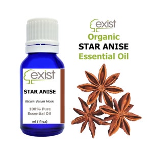 May include: A blue glass bottle with a white cap, labeled "exist Organic STAR ANISE Essential Oil" and "STAR ANISE Illicum Verum Hook 100% Pure Essential Oil ml (fl oz)". Three brown star anise pods are shown in the background.