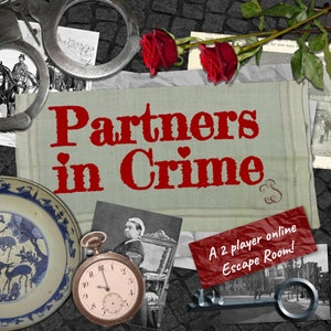 Puede incluir: Un póster de estilo vintage con un título rojo y blanco que dice "Partners in Crime". El póster está decorado con imágenes de esposas, rosas y un reloj de bolsillo. El texto "A 2 player online Escape Room!" está escrito en una nota de papel roja.