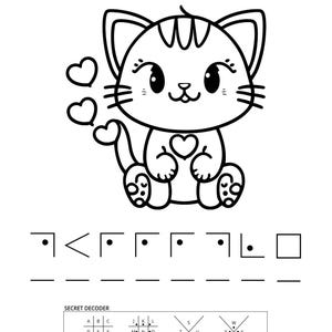 Pode incluir: Uma página de colorir em preto e branco com um gato de desenho animado com olhos grandes, bigodes e um coração no peito. O texto diz What is a cat's favorite color? Abaixo do gato há linhas em branco para um código e um decodificador.