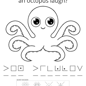 Könnte beinhalten: Ein schwarz-weißes Arbeitsblatt mit einem gezeichneten Oktopus mit großen Augen und acht Tentakeln. Der Text lautet: How many tickles to make an octopus laugh? Darunter befindet sich eine verschlüsselte Nachricht und ein Entschlüsselungsraster.