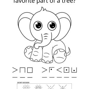 Puede incluir: Una hoja de actividades en blanco y negro con un elefante de dibujos animados y el texto What is an elephant's favorite part of a tree? Debajo del elefante hay símbolos para decodificar y una cuadrícula de decodificación.