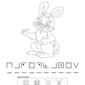 May include: A black and white coloring page featuring a cartoon bunny with long ears and a fluffy chest. The text at the top reads What do bunnies fly on? Below the bunny is a secret code puzzle with symbols and a decoder key at the bottom.