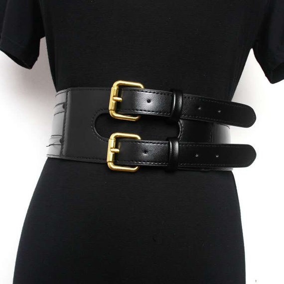 Fashion Women Wide Belt Gold Big Double Pin Buckle Female Black Leather  Belts