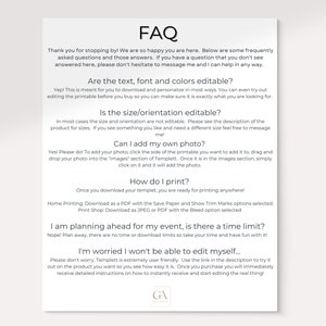 May include: FAQ page with information about a printable template. The text includes questions like "Are the text, font and colors editable?" and "Is the size/orientation editable?" and answers the questions. The page also includes information about adding a photo, printing, and editing the template.