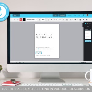 May include: A computer screen displaying a wedding invitation template with the names "KATIE" and "NICHOLAS" in a simple, modern font. The template is designed in a light gray color with blue accents.
