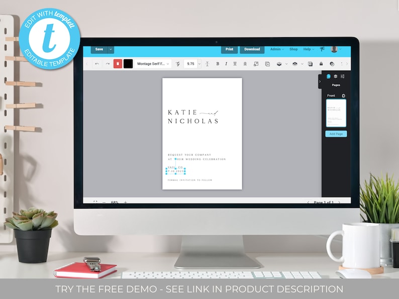 May include: A computer screen displaying a wedding invitation template with the names "KATIE" and "NICHOLAS" in a simple, modern font. The template is designed in a light gray color with blue accents.