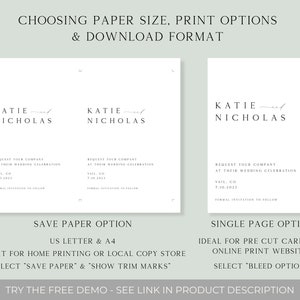 May include: A graphic showing two different options for printing wedding invitations. The first option is "Save Paper" and the second option is "Single Page". The "Save Paper" option is ideal for home printing or local copy stores. The "Single Page" option is ideal for pre-cut cards or online print websites. The graphic includes the text "Katie and Nicholas" and the date "7.10.2023".