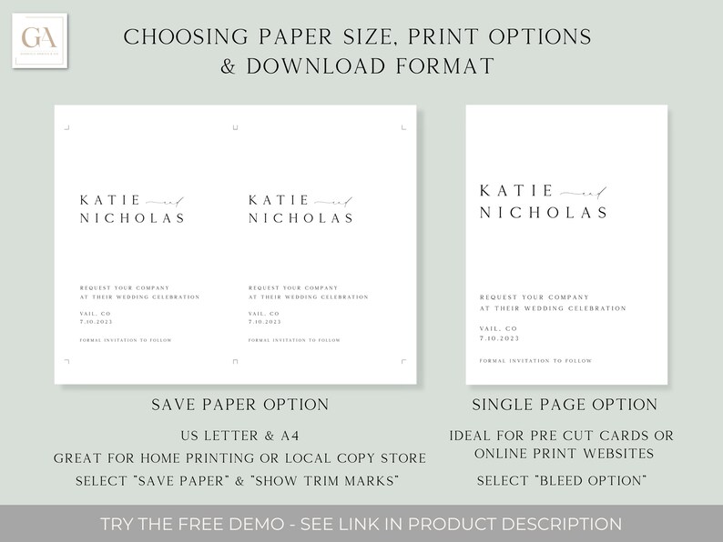 May include: A graphic showing two different options for printing wedding invitations. The first option is "Save Paper" and the second option is "Single Page". The "Save Paper" option is ideal for home printing or local copy stores. The "Single Page" option is ideal for pre-cut cards or online print websites. The graphic includes the text "Katie and Nicholas" and the date "7.10.2023".