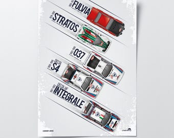 Legendary Lancias Poster | Classic Rally Car Wall Art Print | Decades of Rallying Excellence