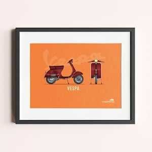 Framed Vespa Scooter Print - Iconic Retro Wall Art, Vintage Moped Illustration, Gift for Scooter Lovers & Classic Design Fans