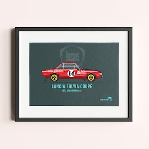 Impresión enmarcada del Lancia Fulvia Coupé - Arte mural de coches de rally clásicos - Decoración de automovilismo vintage