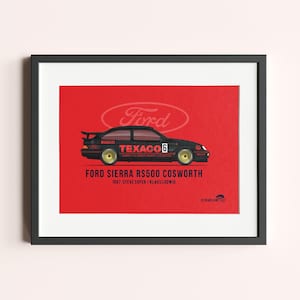 Ford Sierra RS500 Cosworth &quot;Eggenberger&quot; incorniciata - Decorazione murale di auto da corsa d&#39;epoca - Decorazioni vintage per gli appassionati di sport motoristici
