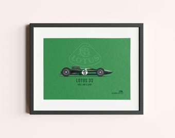 Impresión enmarcada del Lotus 33 de Jim Clark: arte de automovilismo vintage para entusiastas de los coches