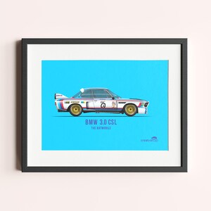 Framed BMW 3.0 CSL ‘Batmobile’ - Classic Racing Car Wall Art - Vintage Motorsports Decor for Enthusiasts