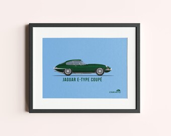 Framed E-Type Coupe Print: Vintage Automotive Art for Car Enthusiasts