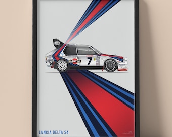 Framed Lancia Delta S4 Rally Car Poster: Group B Motorsport Art for Car Enthusiasts