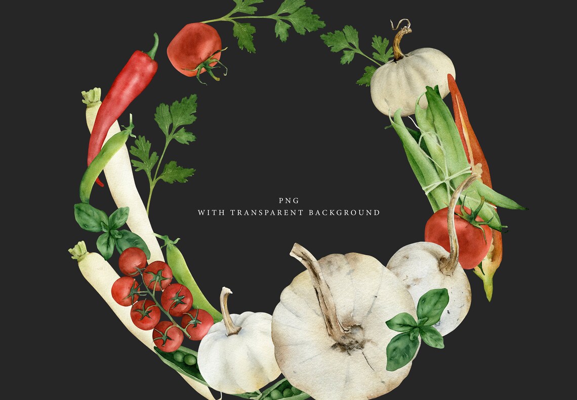 Watercolor vegetable wreath clipart PNG Food clip art wreath Etsy