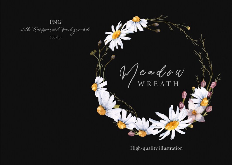 Wedding floral clipart Watercolor meadow wreath with wildflowers: chamomile Watercolor wreath clipart PNG centaury foliage