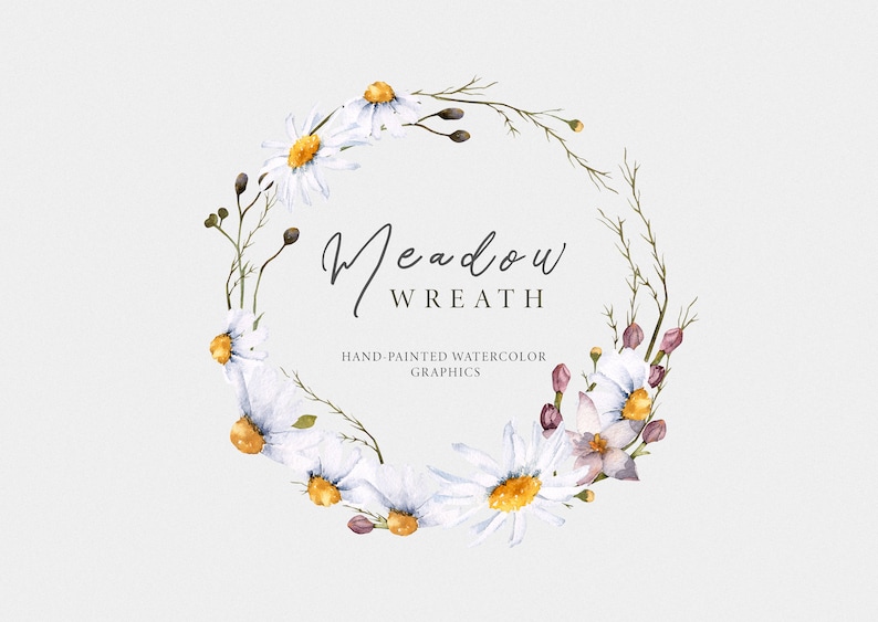 Wedding floral clipart Watercolor meadow wreath with wildflowers: chamomile Watercolor wreath clipart PNG centaury foliage